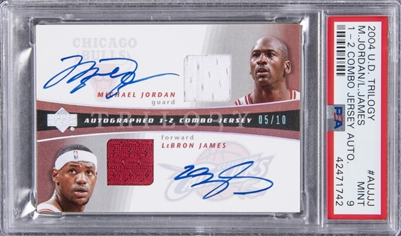 2004-05 UD Trilogy 1-2 Combo Jersey Autographs #AUJJJ Michael Jordan/LeBron James Signed Game Used Patch Card (#05/10) - PSA MINT 9